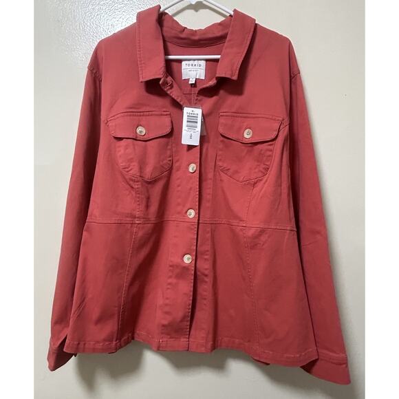 NWT TORRID Women’s Stretch Twill Peplum Utility Jacket Coral Pink - Size 4X/26 - Picture 1 of 7